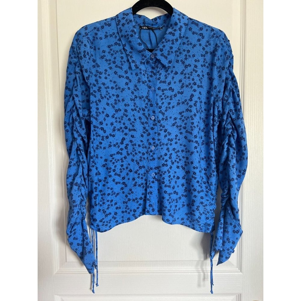 Zara XL Women's Floral Blue Ruched Button Up Blouse